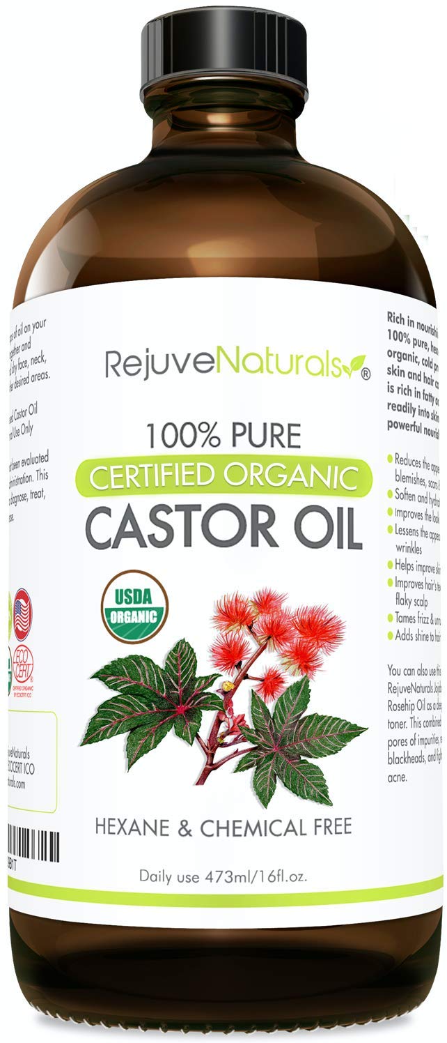 RejuveNaturals Castor Oil (16oz Glass Bottle) USDA Certified Organic, 100% Pure, Cold Pressed, Hexane Free. Boost Hair Growth for Thicker, Fuller Hair, Lashes & Eyebrows. Natural Dry Skin Moisturizer